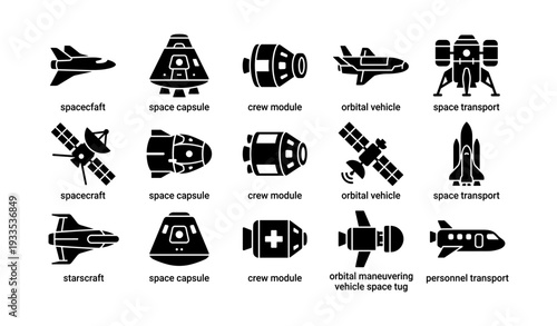 Set of various spacecraft and space transport icons