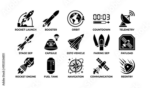 Rocket launch icons: boosters, satellites, navigation, reentry, space missions