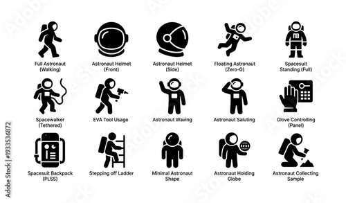 Astronaut icons collection: spacewalking, eva tools, floating, and more