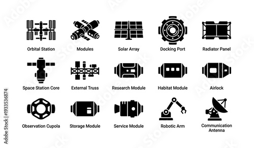 Space station components icons: orbital technologies and modules overview