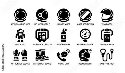 Astronaut equipment icons: helmet, visor, space suit, oxygen tank, safety tether