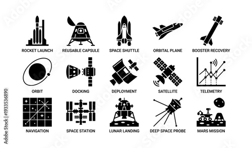 Space exploration icons set featuring rockets, satellites, and lunar landings