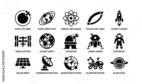 Space exploration icons: satellite, rocket, telescope, astronaut, planet, black hole