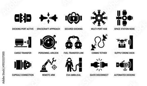 Docking system icons: spacecraft, cargo transfer, multi-port hub, drone dock, eva umbilical