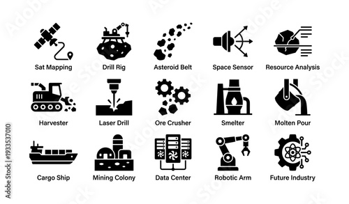 Industrial icon set: space exploration, mining technology, resource management