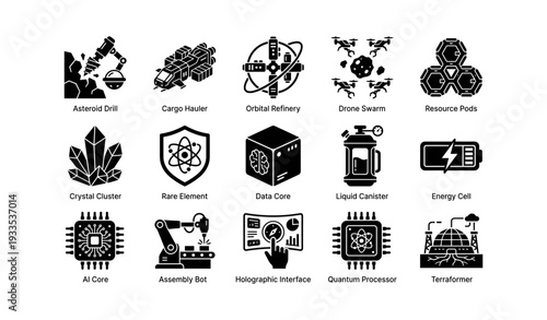 Futuristic icons for space exploration and technology applications