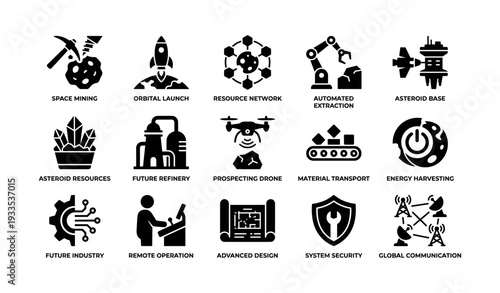 Futuristic industries icons: mining, drones, robotics, energy, communication