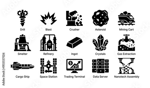 Industrial icons: mining, space, and technology elements set