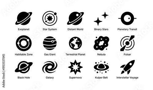 Astronomical icons: exoplanet, star system, black hole, galaxy, supernova