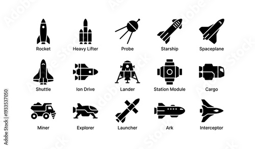 Spacecraft symbols: rocket, starship, shuttle, lander, interceptor