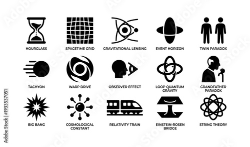 Science concepts icons: spacetime, gravitational lensing, quantum, paradoxes