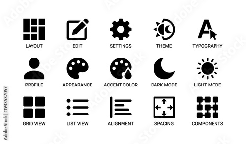 User interface icon set: layout, edit, settings, themes, typography, profile, appearance