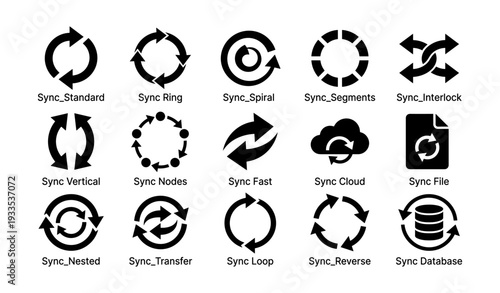 Collection of 16 black sync icons with various designs and styles