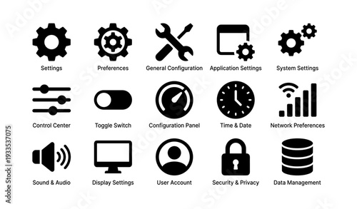 Settings and system configuration icons set with sound network and privacy management