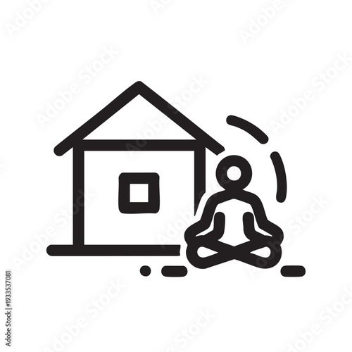 A person meditating peacefully outside a simple house illustration from a straightforward view