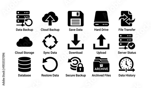 Data management icons: backup, cloud, hard drive, file transfer, sync