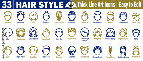 Hair style, thick line art icons. Collection showing diverse hairstyles, faces with different haircuts suitable for the beauty and fashion industry, vector illustration.