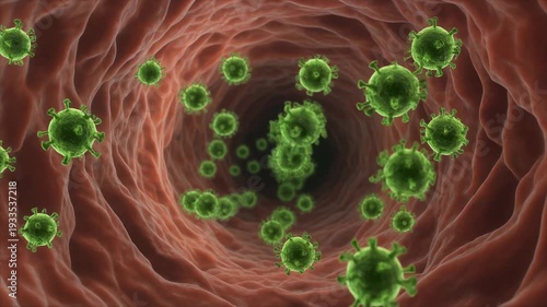 Animation of Green Virus Particles Flowing Inside Red Blood Vessel