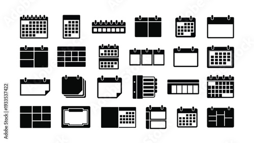Calendar Icons Set in Black and White on White Background