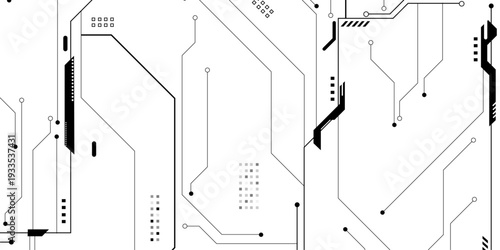 Digital circuit board background showcasing white electronic patterns. Vector Technology black circuit diagram concept.