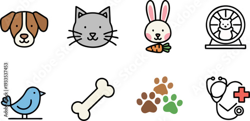 Cute Colored Pets Line Icons Set Dog Cat Rabbit Hamster Bird Bone Paw Vet Vector