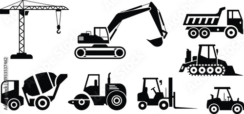 Construction machinery silhouette icon set including crane excavator dump truck bulldozer forklift roller and tractor representing heavy equipment for industrial engineering projects