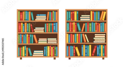 Two identical tall wooden bookshelves, completely filled with a diverse collection of multi-colored books, are positioned on a white backdrop.