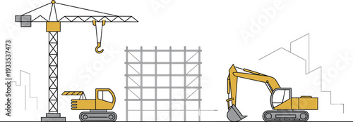 Construction site vector illustration featuring tower crane, excavator and bulldozer machinery with building framework structure, urban development concept isolated on light background