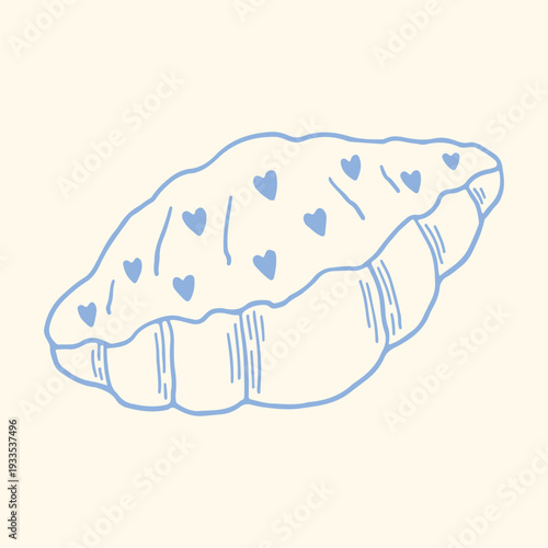 Hand drawn sweet croissant with heart pattern in minimal blue outline style. Romantic bakery pastry illustration ideal for cafe branding, Valentine designs, menus and packaging