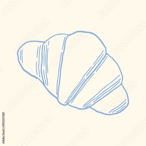 Minimalist hand drawn croissant with decorative surface lines in blue outline style. French bakery pastry vector clipart ideal for cafe menu, breakfast packaging and branding