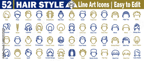 Hair style line art icons. Collection representing diverse haircuts and hairstyles for men and women, modern and classic looks, vector graphics, and easy-to-edit vector illustrations.