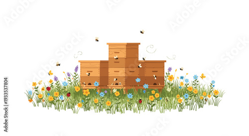 Three rustic wooden beehives are nestled within a vibrant meadow teeming with colorful wildflowers and busy flying bees.