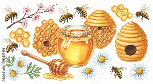 Watercolor illustration of bees honeycomb honey and flowers for design