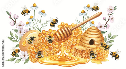 Watercolor illustration of bees honeycomb honey and flowers on white