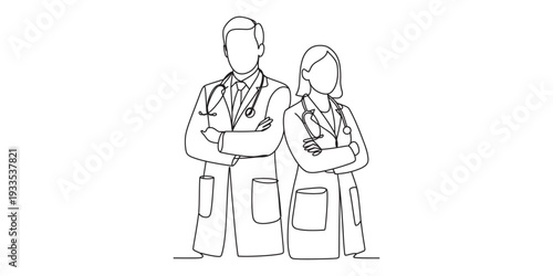 Line drawing of a male and female doctor standing with arms crossed and wearing stethoscopes. Vector, illustration