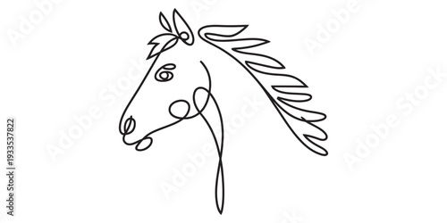 Minimalist one line drawing of a horse head showing its profile and flowing mane. Vector, illustration