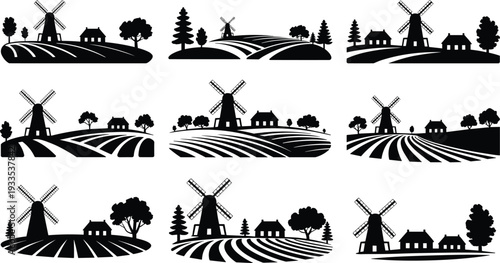 Set of black windmill landscape silhouettes with rural houses, trees and farmland fields, traditional countryside vector collection isolated on white background
