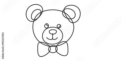 Simple line drawing of a cute teddy bear head wearing a bow tie on a white background Vector, illustration