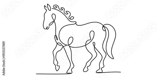 Minimalist continuous line drawing of a horse walking gracefully on a white background. Vector, illustration