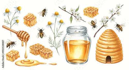 Watercolor illustration of bees honeycomb honey flowers and beehive
