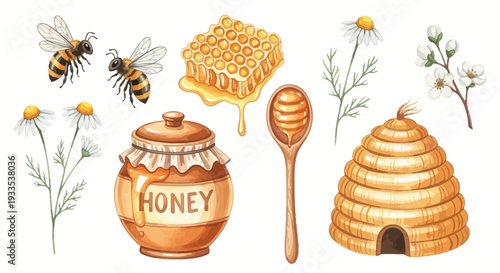 Watercolor illustration of bees honeycomb honey flowers and beehive