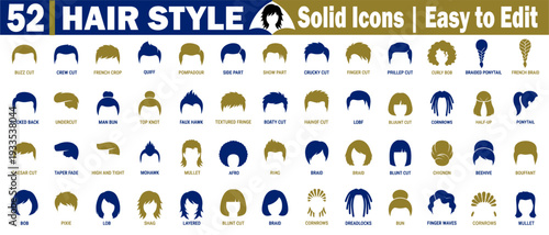Hair style solid icons. Collection in blue and gold colors featuring various haircuts and hairstyles for men and women, vector graphics, and easy-to-edit vector illustrations.