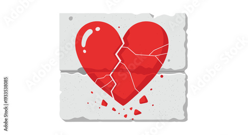 A glossy red heart, fractured into multiple pieces, rests centrally on a light grey, textured concrete slab with scattered fragments.