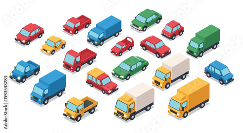 Eighteen diverse isometric vehicles, comprising various trucks and passenger cars, are scattered across a clean white background.