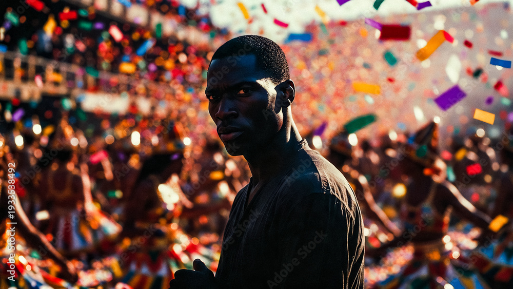 Obraz premium A man stares intently amidst a vibrant, confetti-filled crowd. He appears focused, bathed in warm light.