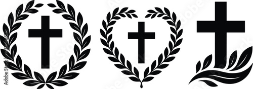 Black and white Christian cross collection with laurel wreath and leaf elements, religious memorial logo set for church, funeral, faith and worship design