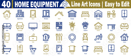 Home equipment line art icons. Collection with house structures, furniture, kitchenware, bathroom plumbing, and laundry appliances for interior designers vector illustration.