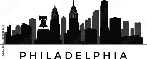 Black and white Philadelphia city skyline silhouette featuring Liberty Bell and modern skyscrapers isolated on light background urban travel illustration design iconic American cityscape graphic
