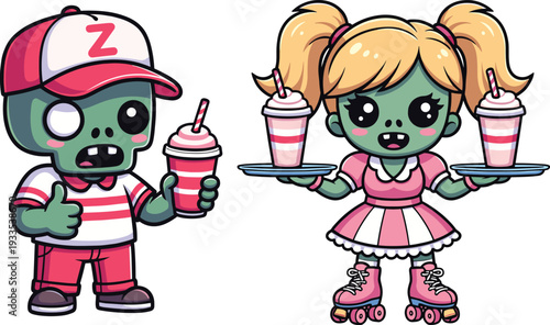 Cartoon illustration of two playful zombie characters in retro diner theme with milkshakes, humorous artwork combining horror style, cute design, and nostalgic aesthetics