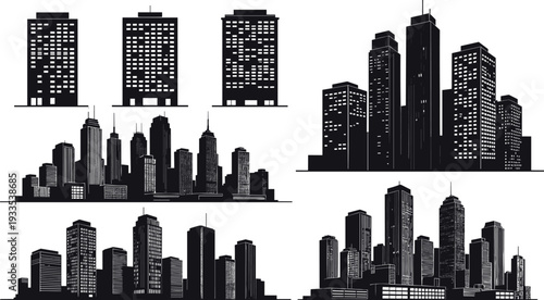 City skyline silhouette illustration with skyscrapers and urban buildings, architectural design artwork representing metropolitan landscape, modern urban environment and cityscape concept